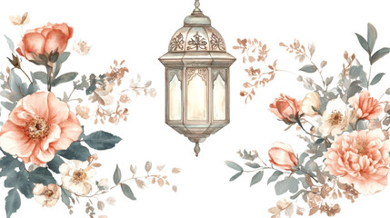 Boho Ramadan Frame with lantern and floral elements. isolated transparent background