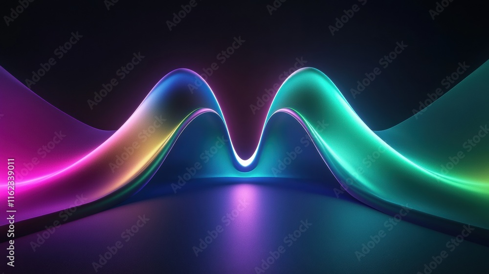 Poster exploring vibrant 3d sound waves with colors and fluid shapes creating an abstract musical landscape