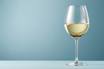 Fototapeta premium Elegant glass of white wine on a clean surface with soft blue background