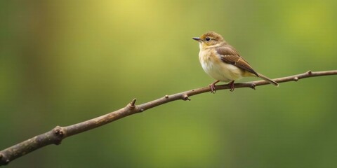 Obraz premium A Small Bird Perched on a Branch Against a Soft Green Background, a Moment of Tranquility in Nature's Embrace
