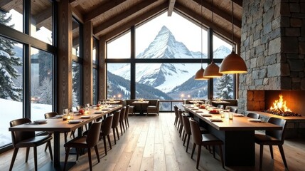 Fototapeta premium Mountain View Dining Room A Luxurious Chalet with Panoramic Windows and a Cozy Fireplace