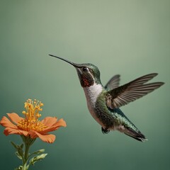 Fototapeta premium A hummingbird hovering near a flower on a pale green background.