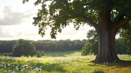 Obraz premium Serene landscape with a large tree and blooming flowers.