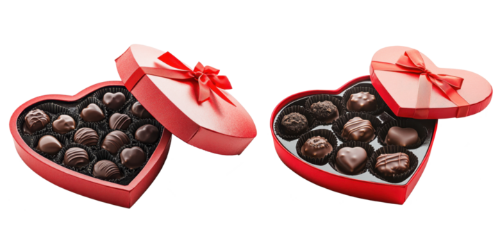 red heart shaped chocolate box isolated on transparent background