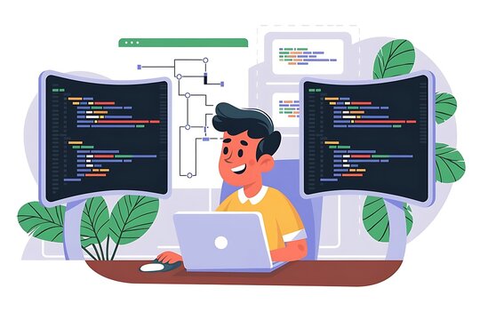 Young Programmer Developing Software on Multiple Screens