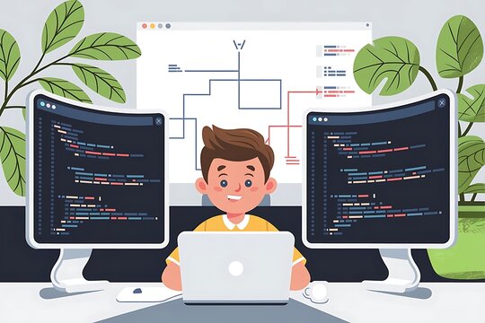 Young Programmer Developing Software on Multiple Screens