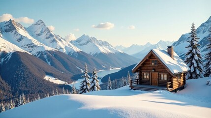Fototapeta premium Secluded Wooden Cabin Nestled Amidst a Breathtaking Snowy Mountain Range, Offering a Serene Winter Escape