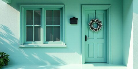 Obraz premium Serene aqua-toned house exterior with a decorative wreath adorning the front door and a quaint window, bathed in sunlight.