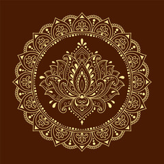 Circular pattern in form of mandala with Lotus flower for Henna, Mehndi, tattoo, decoration. Decorative ornament in ethnic oriental style. Outline doodle hand draw vector illustration.