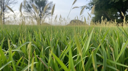 Fototapeta premium Green field with tall grass in forested park