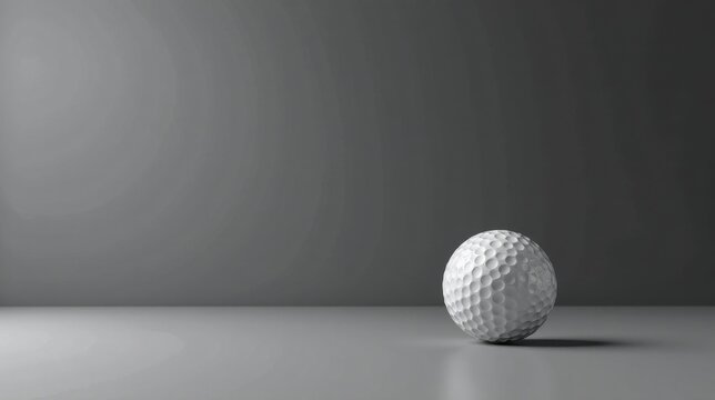 A single golf ball rests on a minimalist gray surface, bathed in soft light, against a neutral backdrop, symbolizing precision, strategy, and the pursuit of excellence in a calm environment.