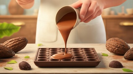 a chocolate maker pouring melted chocolate into molds