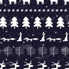 Cute animals and winter trees on dark background.  Vector illustration. Seamless pattern. 