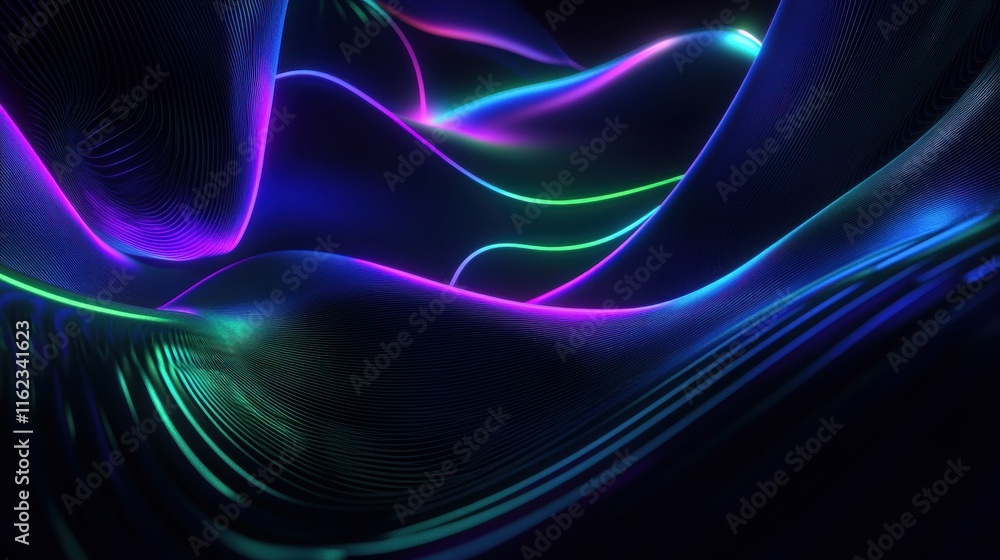 Poster 3D abstract sound waves radiate vibrant colors, creating a dynamic visual representation of music. Generative AI