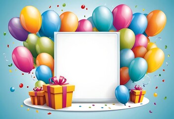 birthday-themed illustration with colorful balloons and gift boxes surrounding a blank square frame for personalization
