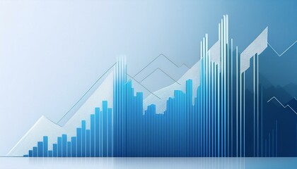 上昇する棒グラフと折れ線グラフが交差するデザイン、青と白を基調とした背景