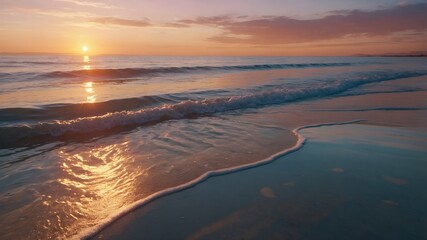 Tranquil sunset wallpaper showcasing gentle waves lapping the shore, reflecting the warm hues of the setting sun, creating a serene beach scene