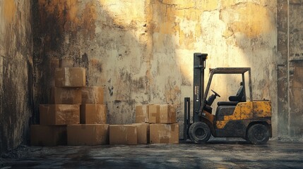 Fototapeta na wymiar Rusty Forklift and Cardboard Boxes in a Grungy Warehouse