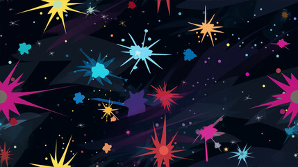 Fototapeta premium Seamless colorful cosmic pattern with vibrant stars and shapes on a dark background, perfect for space-themed designs