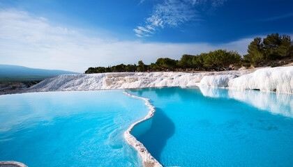 natural mineral pool with clear blue water and white travertine formations against a backdr