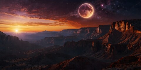 Serene sunset wallpaper capturing the soft hues of a sunset illuminating a vast canyon landscape beneath a starry sky, evoking a sense of tranquility