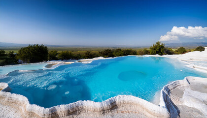 natural mineral pool with clear blue water and white travertine formations against a backdr