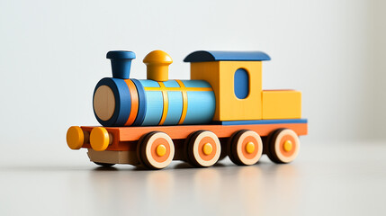 Colorful wooden toy train on a plain white background