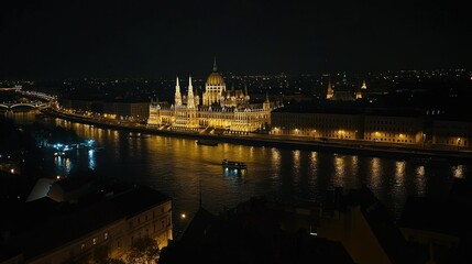 Obraz premium Night view of a cityscape by a river with illuminated buildings.