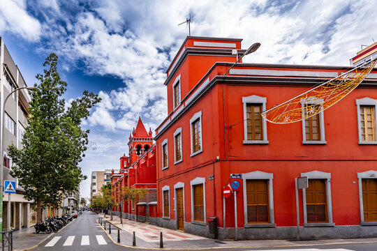 Red Church of Parroquia de Santa Maria del Pino side view, Las Palmas Gran Canaria Spain