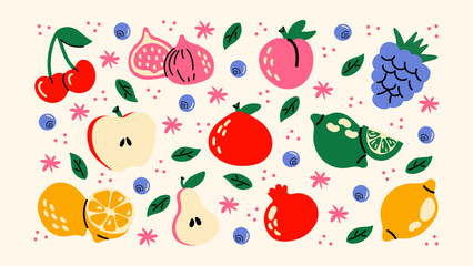 Cartoon stickers fruits and berries. Set of tropical exotic fruits in retro doodle groovy style. Vegetarian healthy food, vitamins