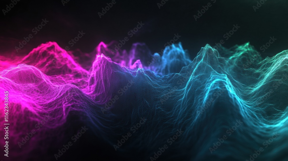 Poster 3D pulsating light waves create a mesmerizing neon glow in vibrant colors. Generative AI