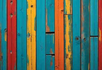 This is a colorful wooden plank pattern. The planks are painted red, orange, yellow, and teal, showing some wear