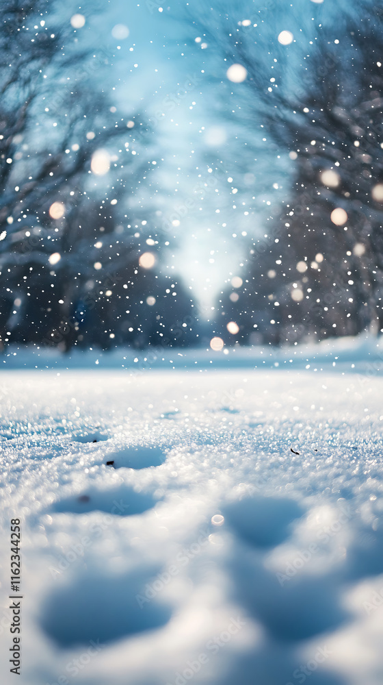 Poster serene ground level view of beautiful snow falling gently, creating magical winter atmosphere with s