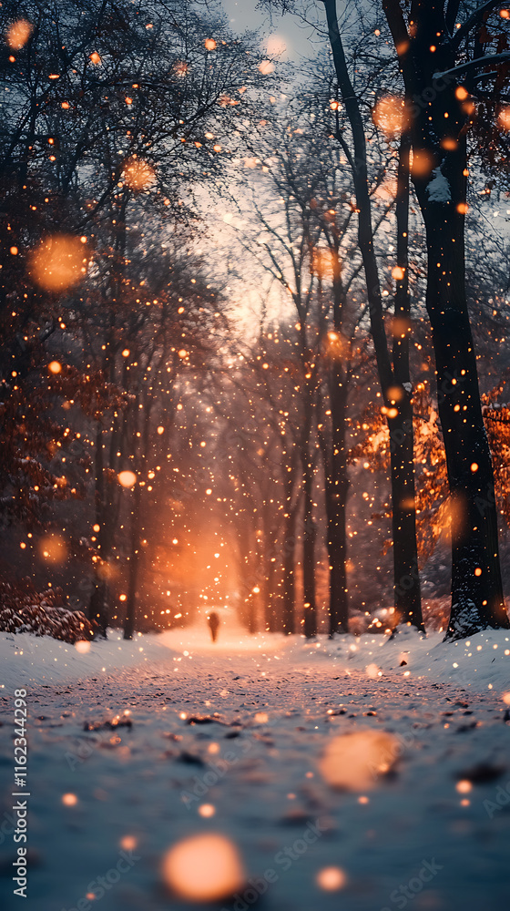 Poster serene winter scene featuring snow covered path surrounded by trees, with soft snowfall creating mag