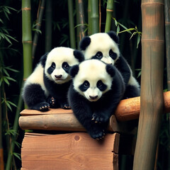 Fototapeta premium Baby Pandas Playing in Natural Bamboo Habitat
