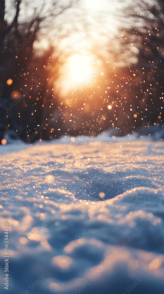 Poster serene ground level view of beautiful snowflakes falling gently, illuminated by warm glow of setting
