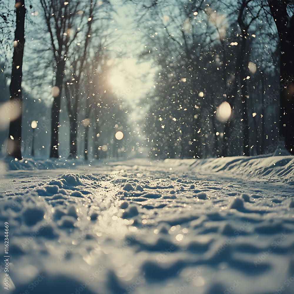 Poster serene ground level view of snowy path with falling snowflakes, capturing beauty of winter. sunlight
