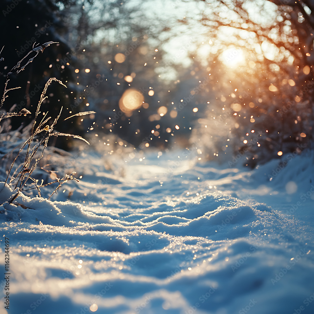 Poster serene ground level view of snow covered path illuminated by sunlight, with sparkling snowflakes cre