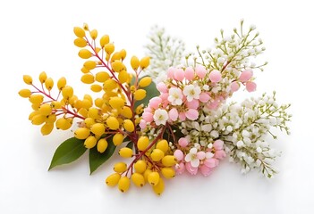 The sprigs have small clusters of yellow, pink, and white
