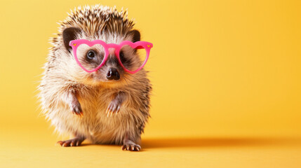 Fototapeta premium Hedgehog wearing pink heart-shaped glasses on a bright yellow background