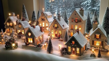 Snowy Christmas villages, glowing windows, vibrant wreaths, cheerful scenes, cozy homes, festive wonder.