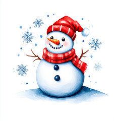 Cheerful snowman wearing red hat and scarf, surrounded by snowflakes