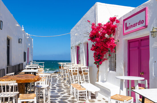 Naoussa, Paros, Greece - 09 September 2023: The most iconic place on the island of Paros, especially the most photographed by tourists.