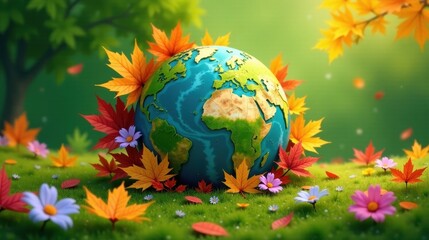 Naklejka premium A miniature Earth nestled amongst autumn leaves and vibrant wildflowers in a lush green meadow, symbolizing the changing seasons and the beauty of our planet