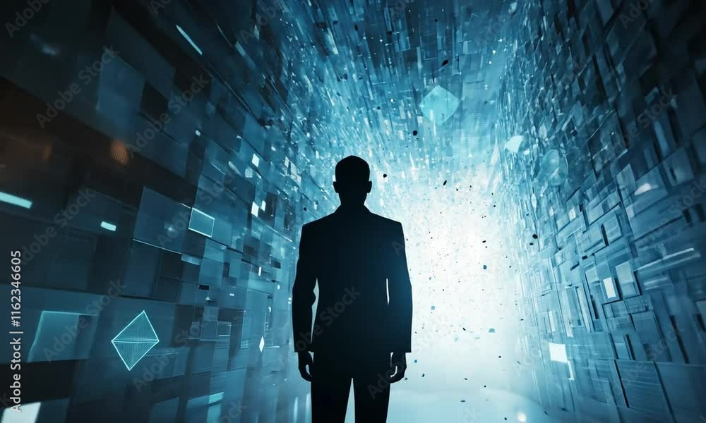 Wall mural a solitary figure stands in a futuristic digital environment, surrounded by glowing data streams and