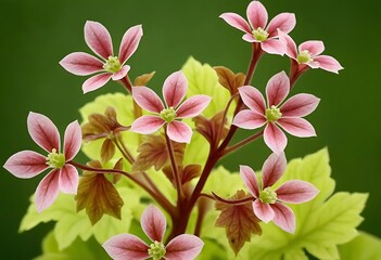 close-up of several light pink flowers with yellow-green leaves is shown