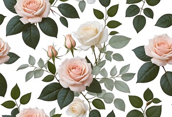 seamless pattern of pastel roses and green leaves, set on a white background