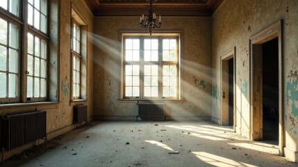 Fototapeta premium Sunbeams Illuminate a Derelict Room's Dusty Floor and Aged Walls, Casting Shadows on the Forgotten Space's Intricate Details