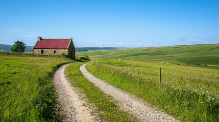 Obraz premium Serene Countryside Landscape with Rolling Green Fields and Charming Cottage