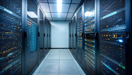 Network And Data Servers Behind Glass Panels In A Server Room